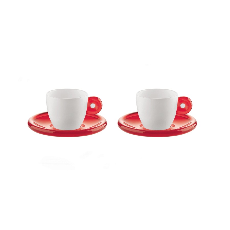 Tavola Guzzini | Set 2 Tazzine Caffe' C/Piattino 'Gocce' Rosso Trasparente