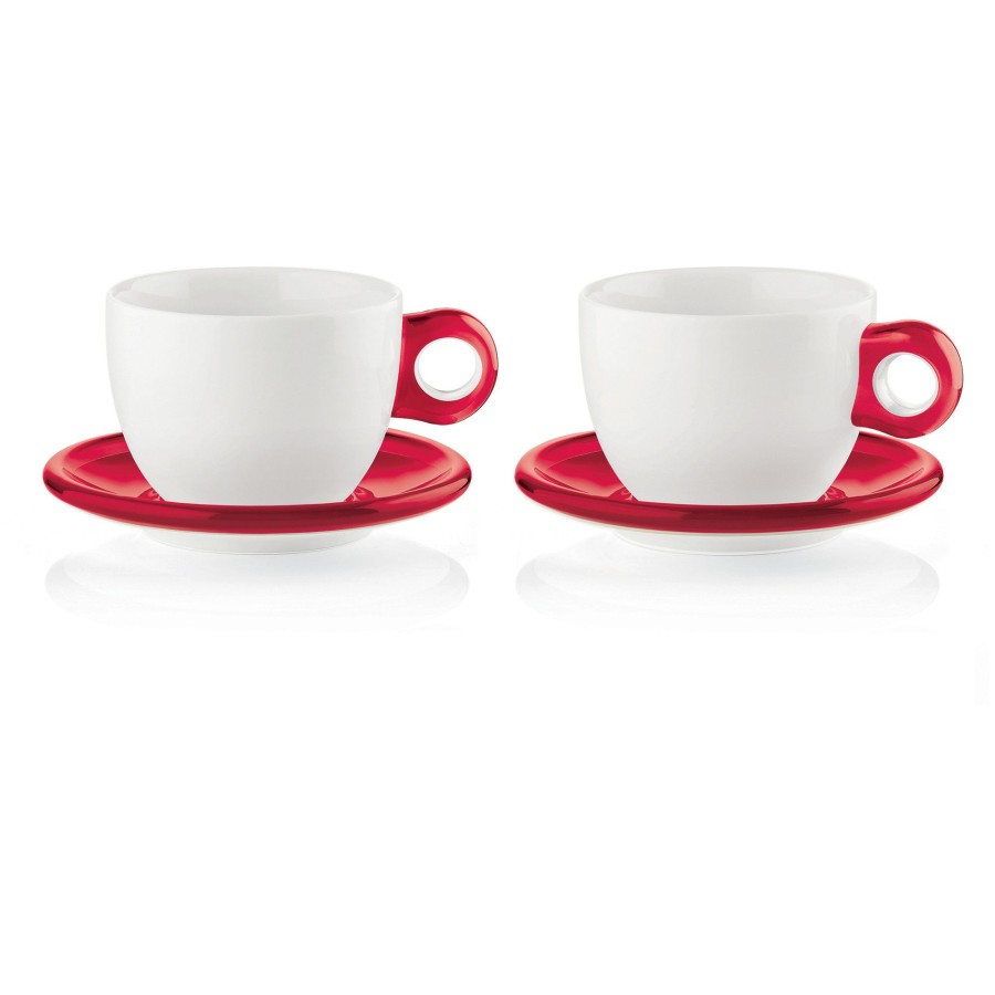 Tavola Guzzini | Set 2 Tazze Colazione C/Piattino 'Gocce' Rosso Trasparente