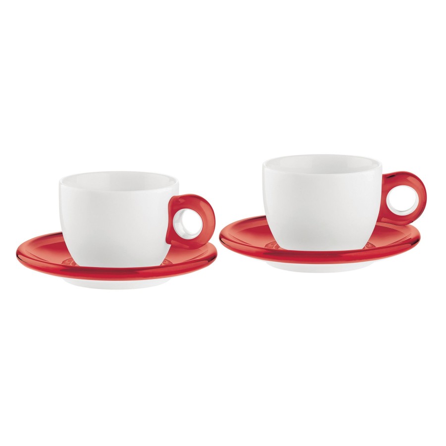 Tavola Guzzini | Set 2 Tazze Cappuccino C/Piattino 'Gocce' Rosso Trasparente