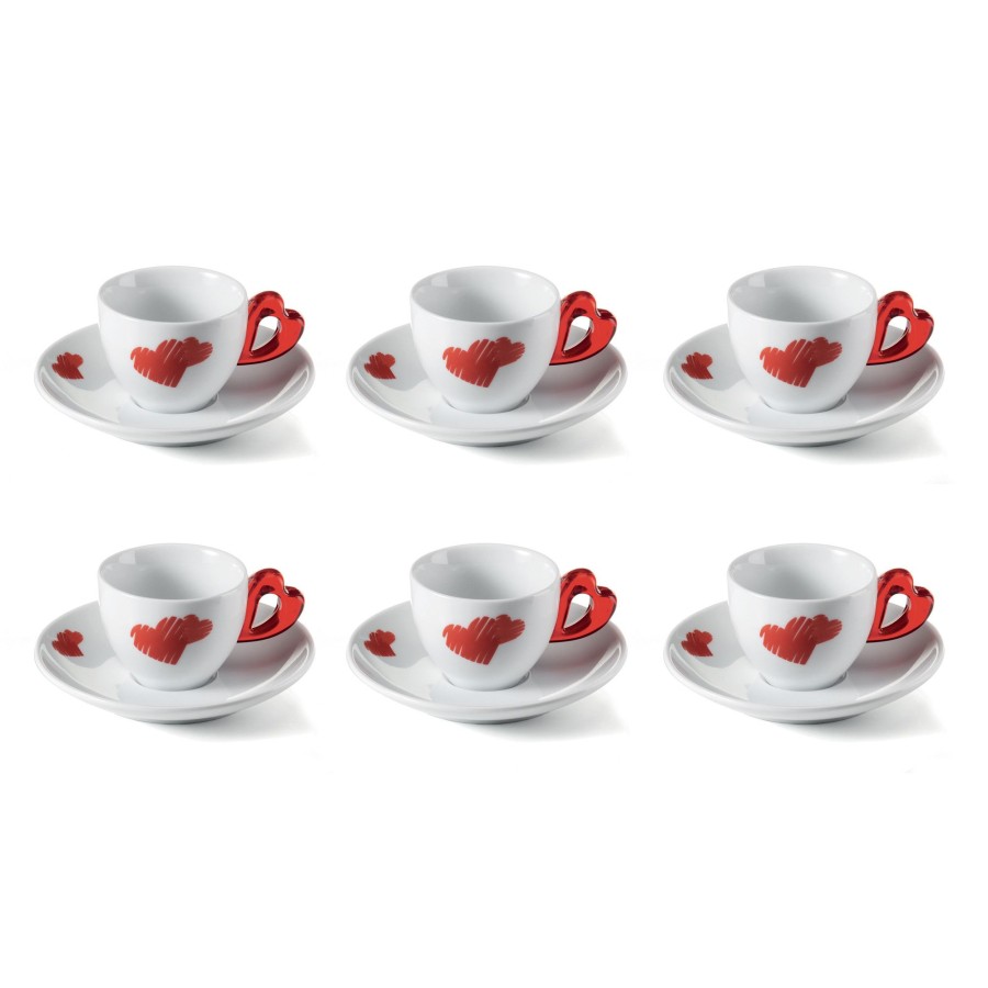 Tavola Guzzini | Set 6 Tazzine Caffe' C/Piattino Love Rosso Trasparente